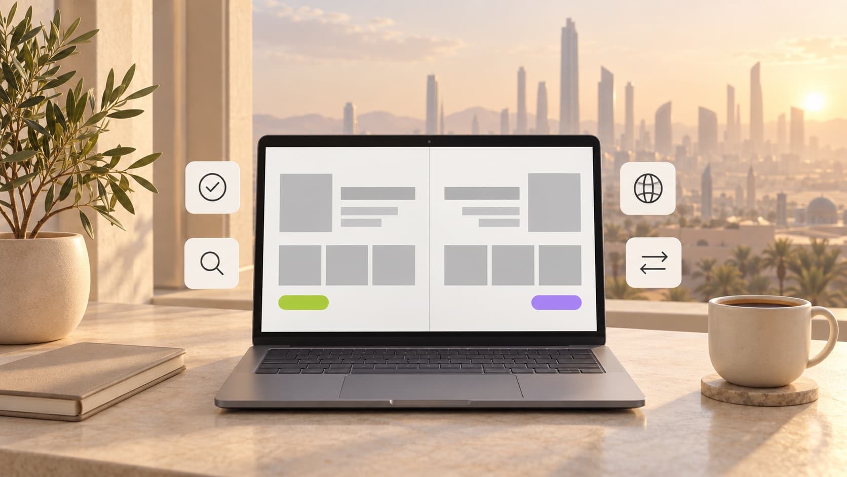 Laptop showing a website split into two mirrored halves, one left-to-right and one right-to-left, in front of a hazy desert-city skyline, with floating tiles showing a checkmark, a magnifying glass, a globe and a left-right swap arrow