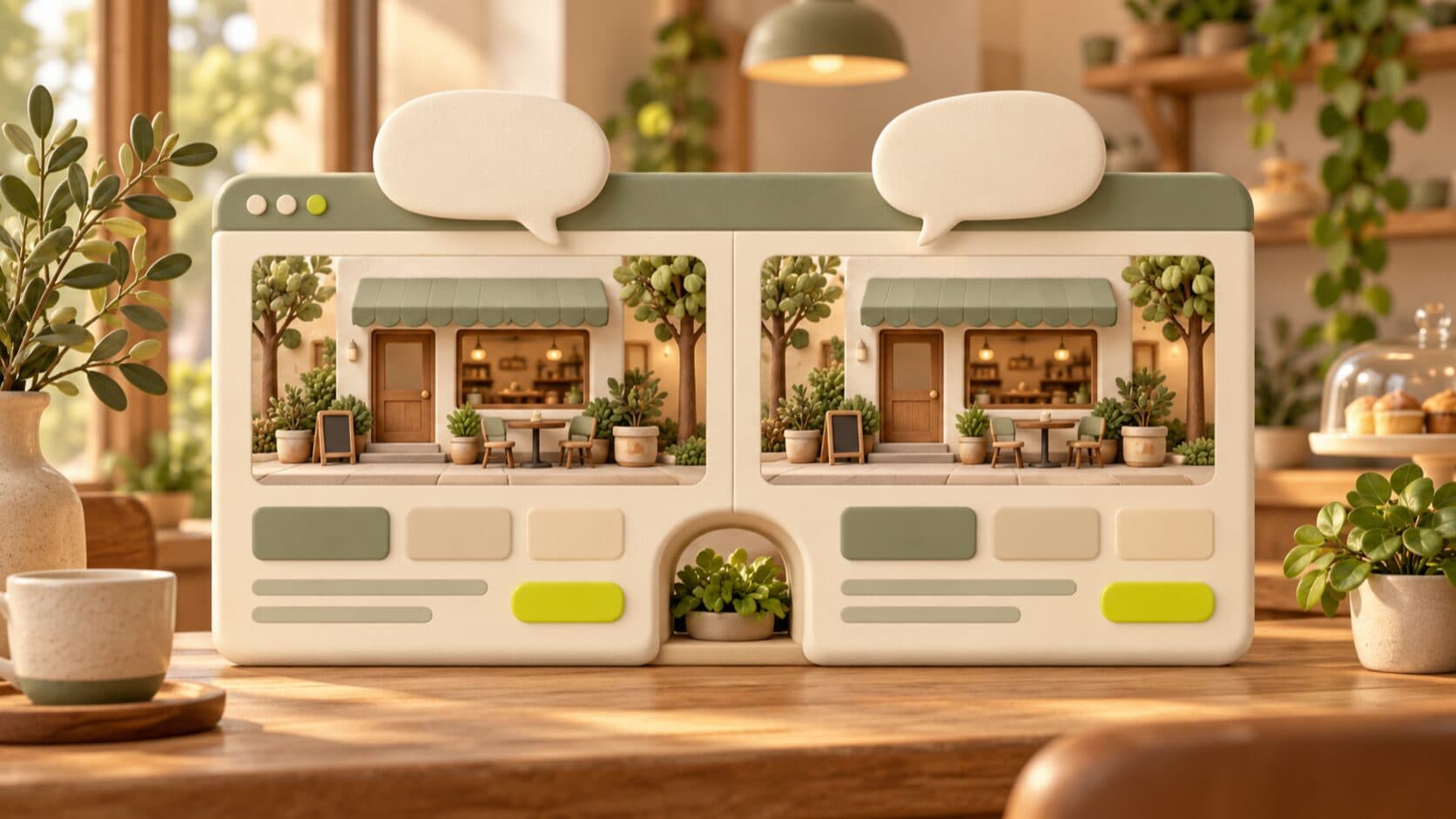 A single browser window on a café table split into two identical, equally detailed versions of a small café storefront website, each with its own speech bubble, joined in the middle by a small arch with a plant