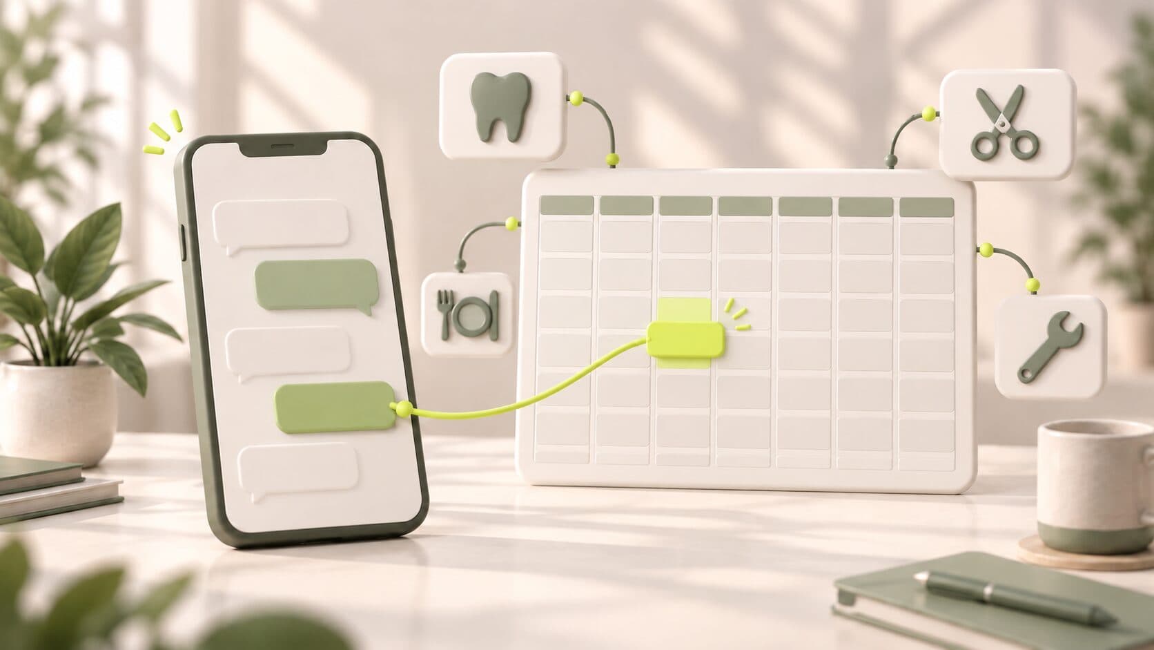 Un teléfono con burbujas de chat y, a su lado, un calendario semanal con un horario que se completa, conectado a íconos de una clínica dental, una peluquería, un restaurante y un taller