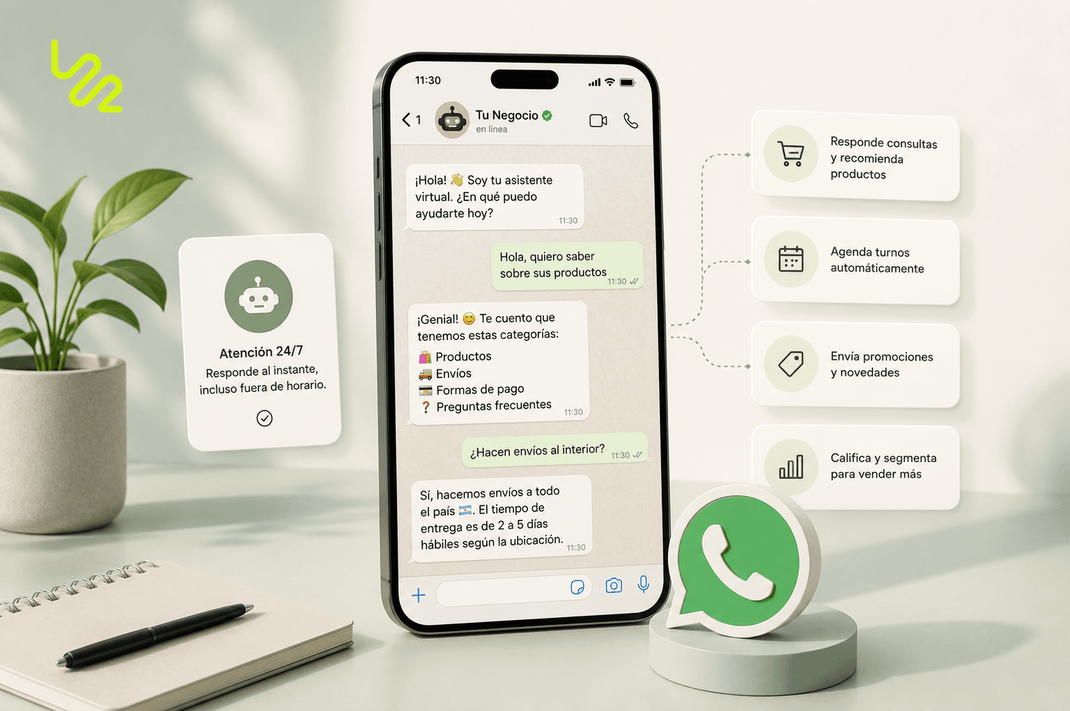 Chatbot con IA respondiendo consultas de clientes en WhatsApp las 24 horas