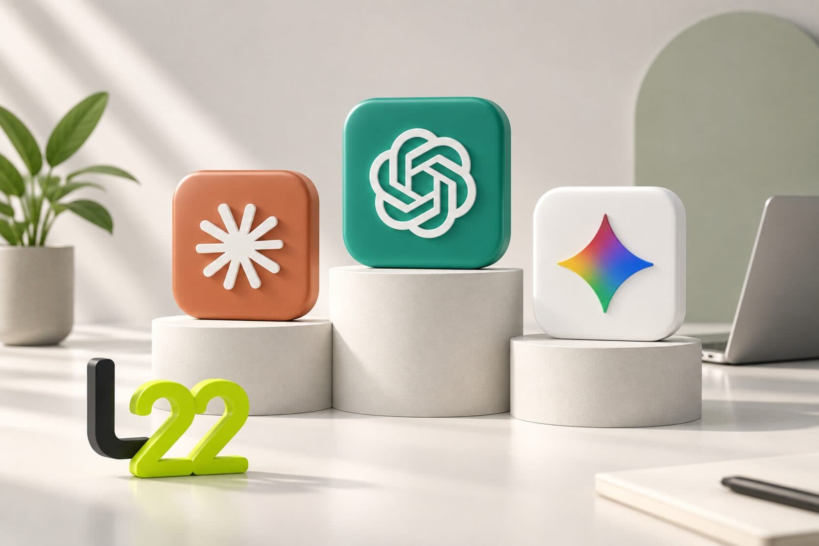 The Claude, ChatGPT and Gemini icons rendered in 3D, each on a podium of a different height on a bright desk, next to the loco22 logo