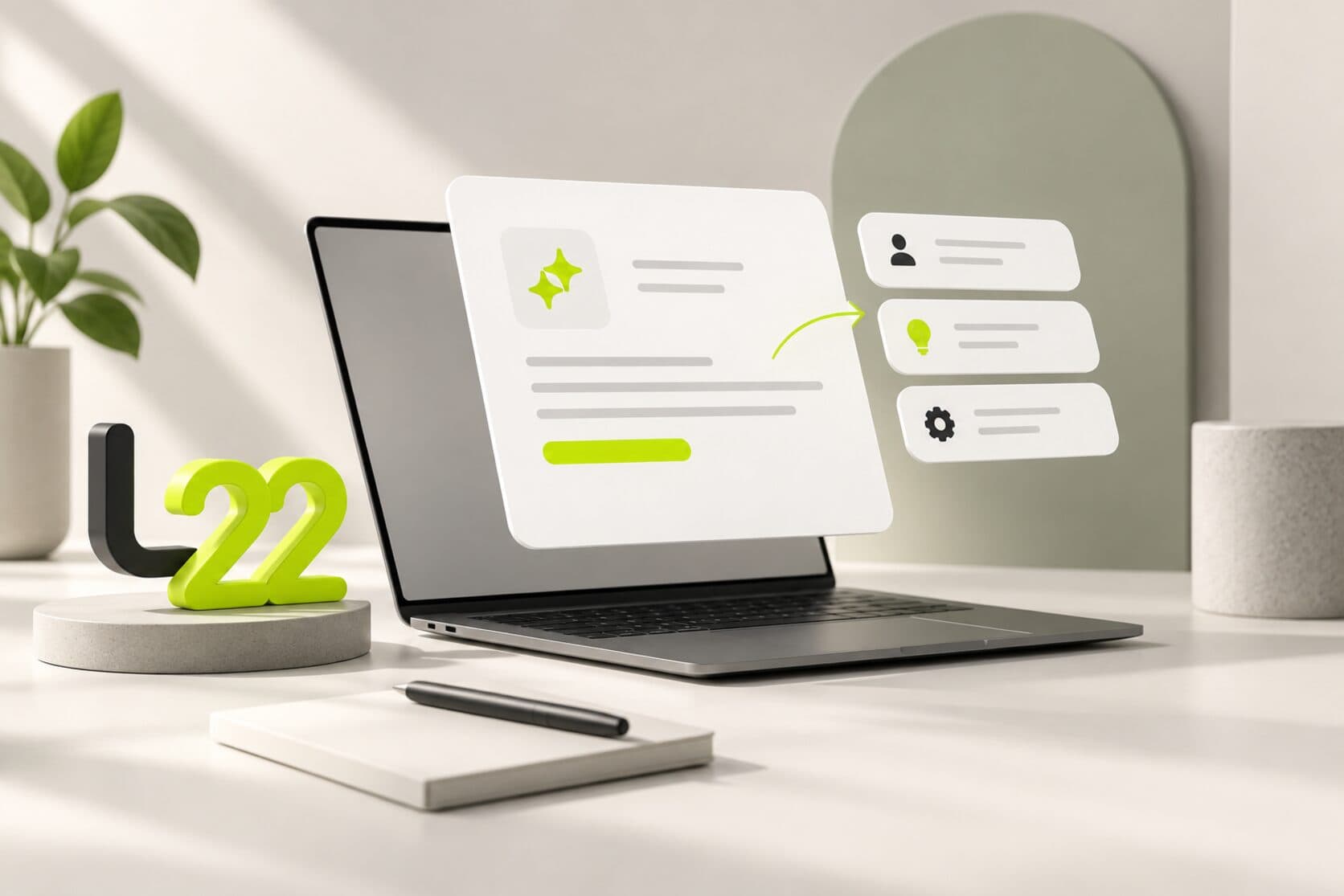 A laptop on a desk showing an AI-generated content card with three instruction cards floating beside it
