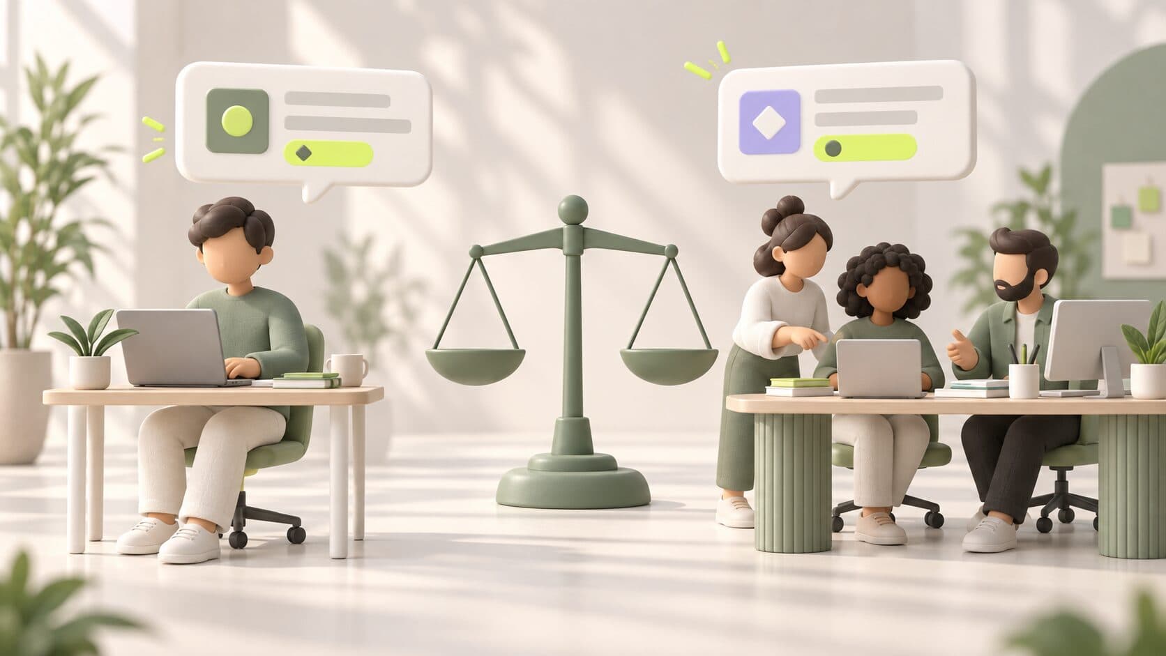 A un lado, una persona consultora trabajando sola en su notebook; al otro, un equipo de agencia alrededor de una mesa con pantallas; en el medio, una balanza, y arriba, tarjetas de respuestas de IA