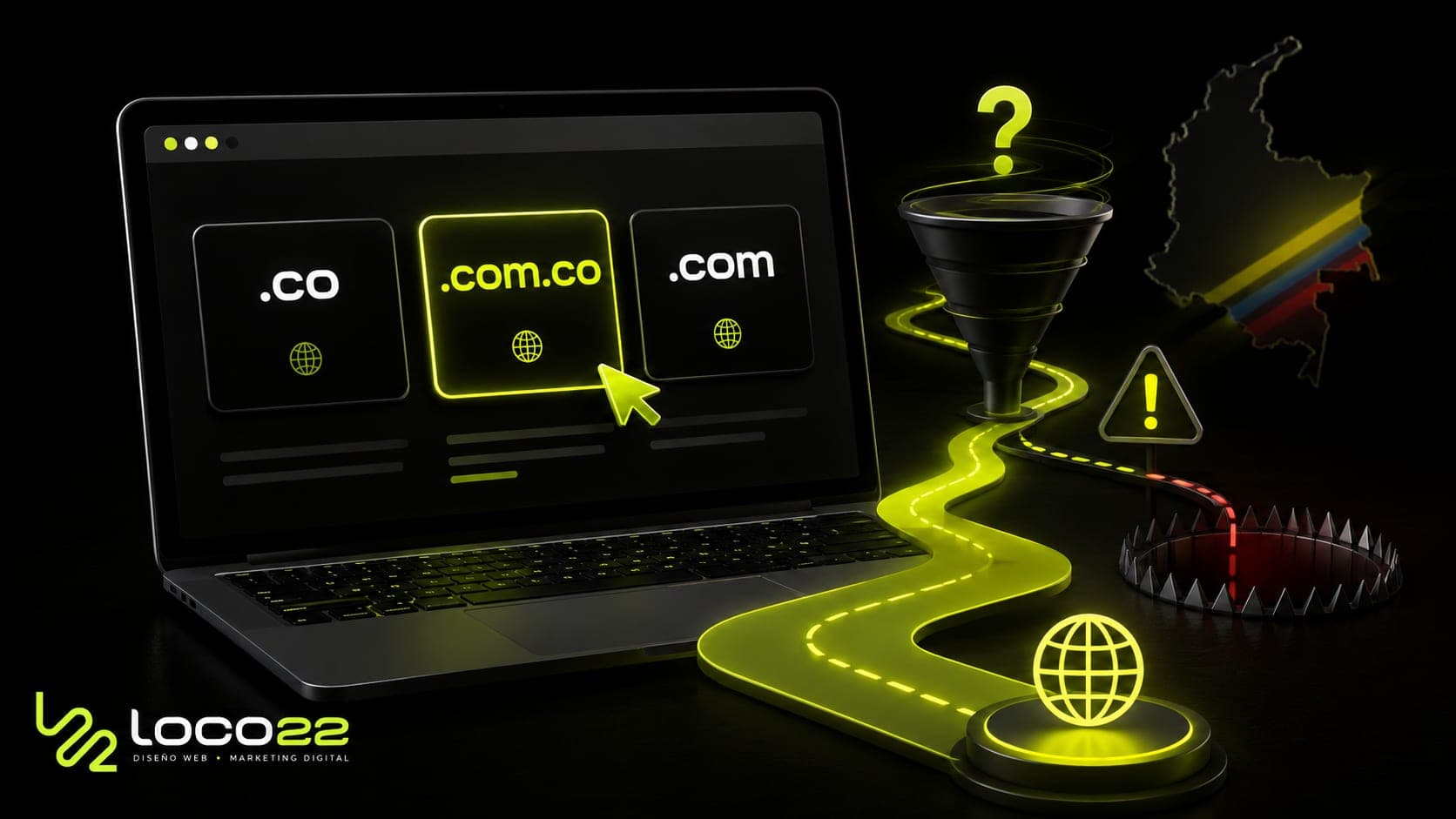 Las terminaciones .co, .com.co y .com apiladas, con el .co destacado en verde como la opción más cara