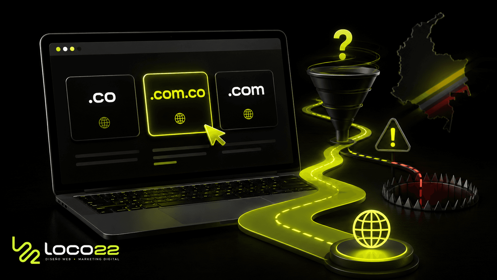 Las terminaciones .co, .com.co y .com apiladas, con el .co destacado en verde como la opción más cara
