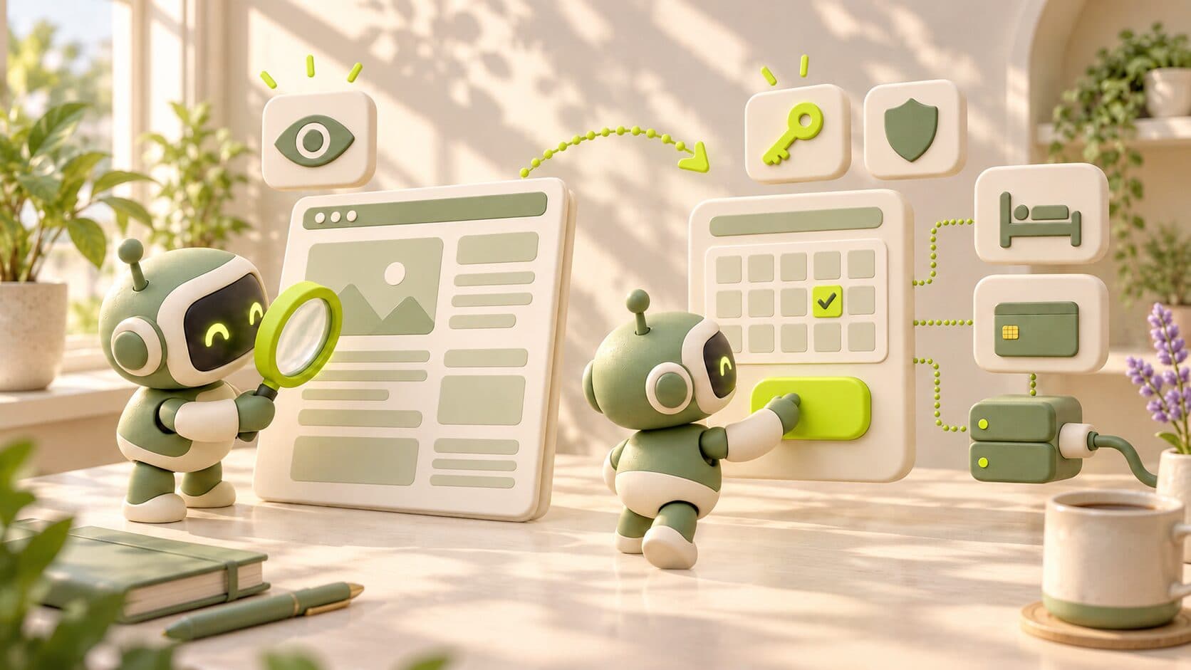 A small clay robot reads a web page with a magnifying glass and, next to it, the same robot presses the button on a booking panel with a confirmed calendar date, a hotel bed and a card, connected to a server