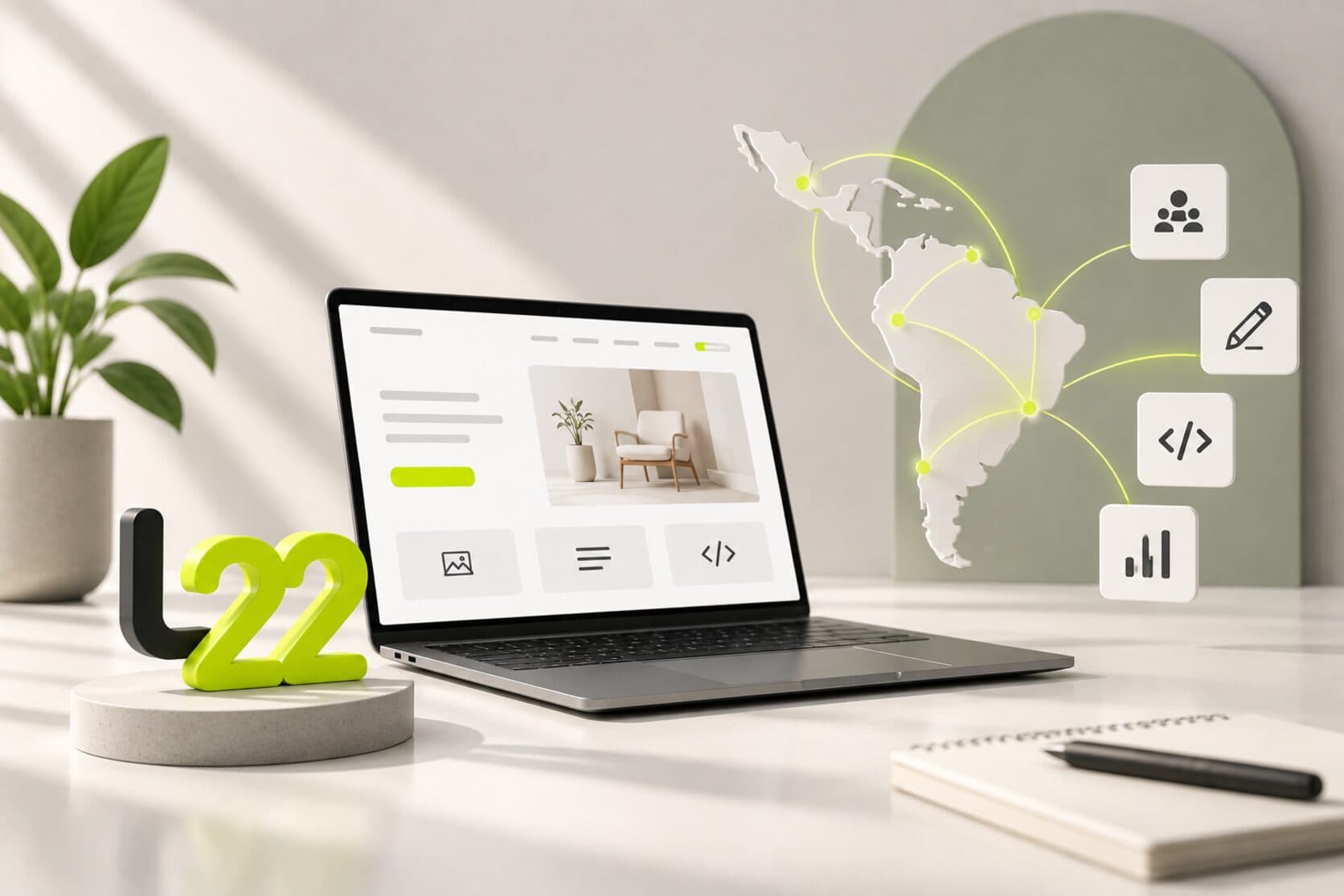 Laptop showing a website mockup on a bright desk, next to a map of Latin America with connected cities and icons for team, design, code and analytics