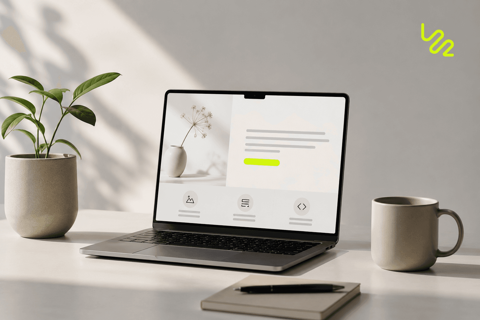 Laptop con una landing page en pantalla sobre un escritorio minimalista