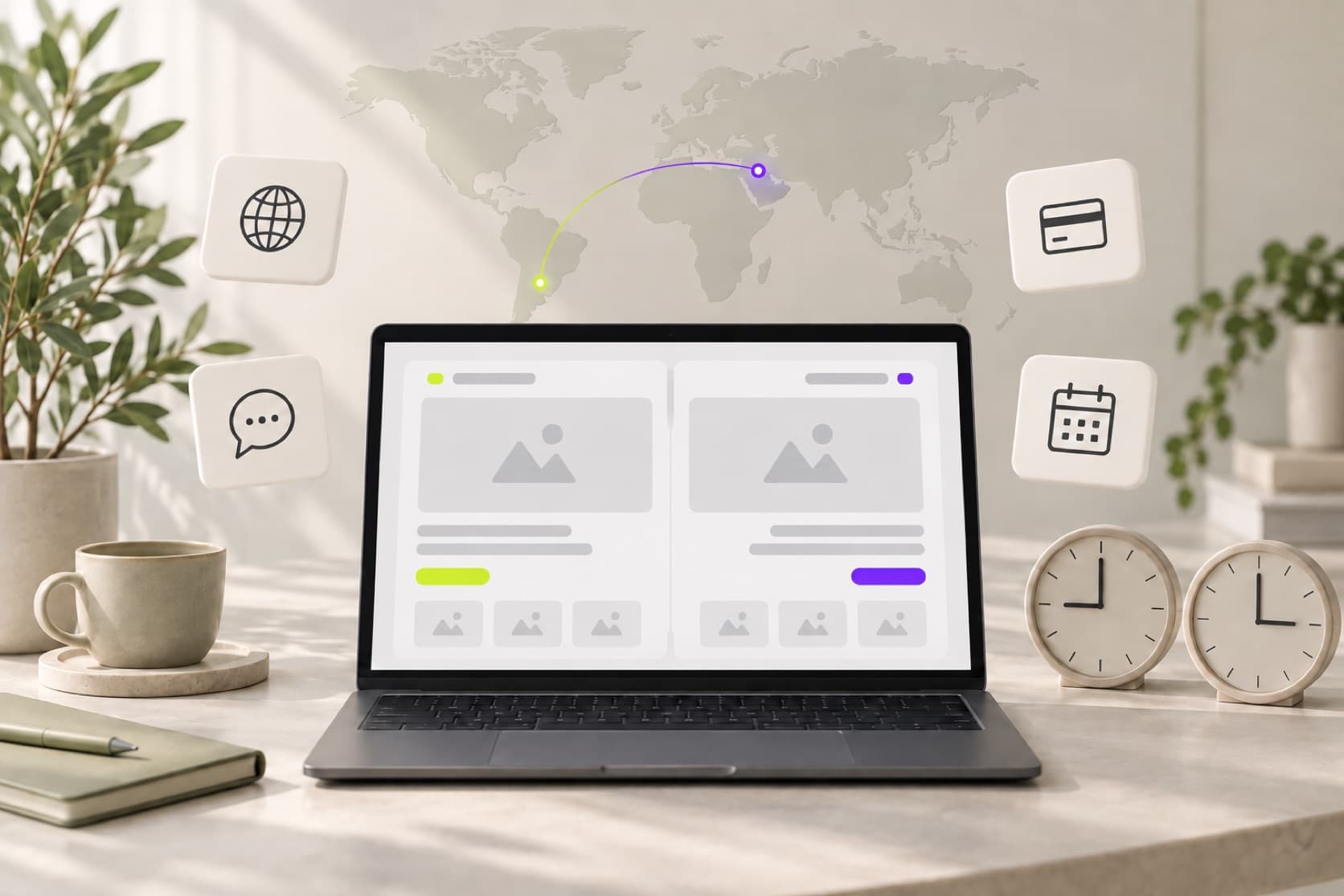 Laptop showing a two-column bilingual website mockup, a world map with an arc from Buenos Aires to the Arabian Peninsula and two desk clocks set to different times