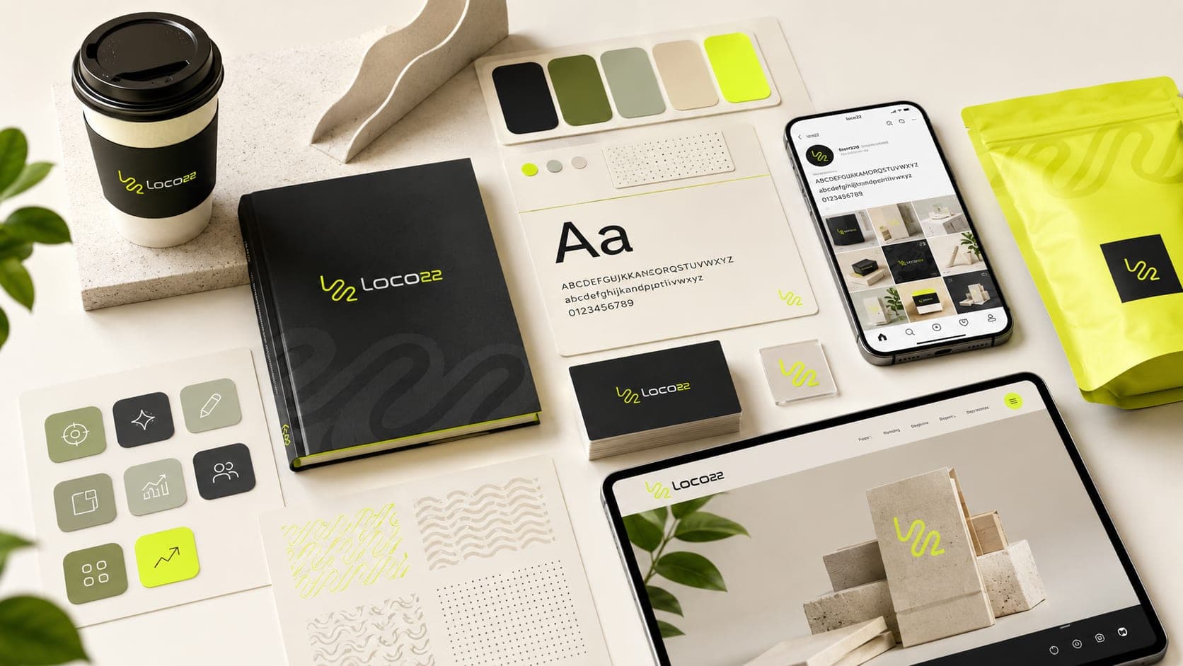 Kit de branding profesional con logo, paleta de colores, tipografía y aplicaciones de marca