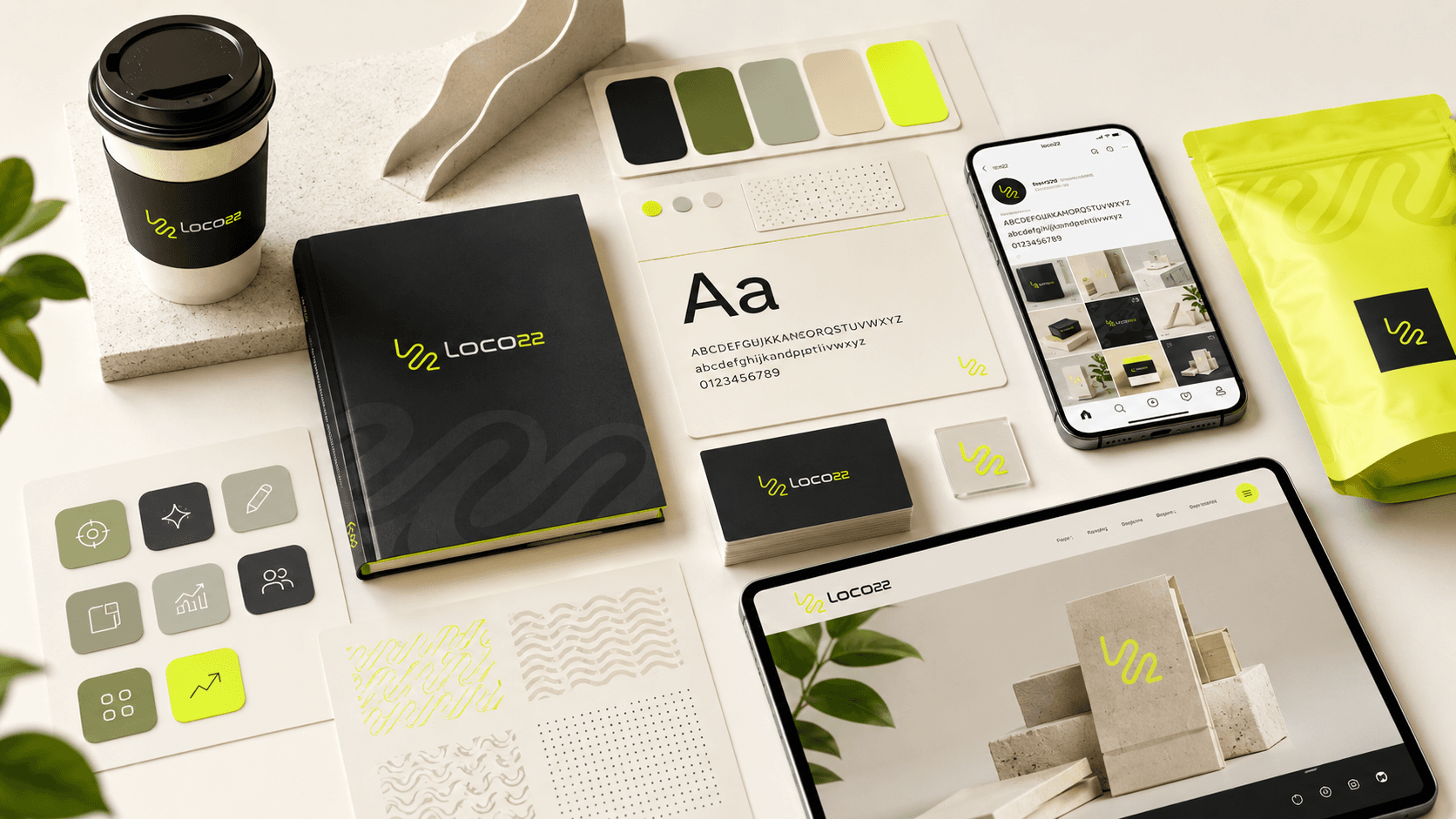 Kit de branding profesional con logo, paleta de colores, tipografía y aplicaciones de marca