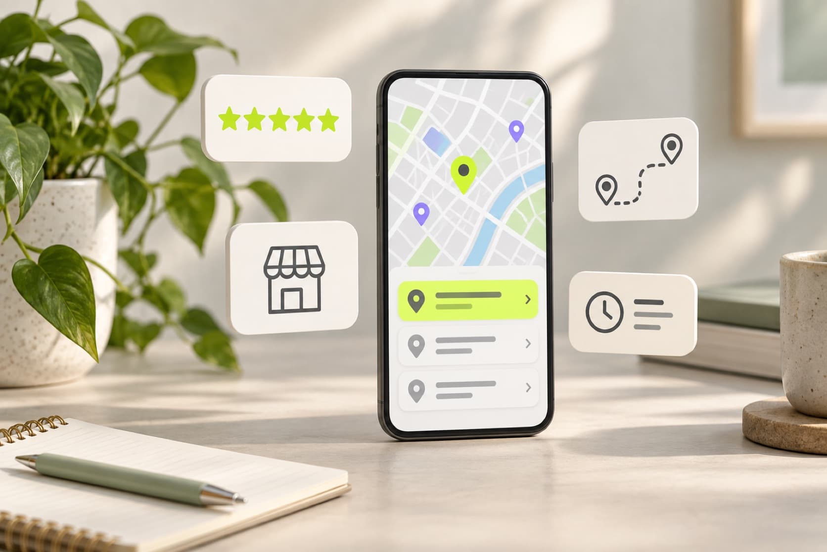 Phone showing a city map with one business highlighted at the top of the results, surrounded by cards for five-star reviews, storefront, directions and opening hours