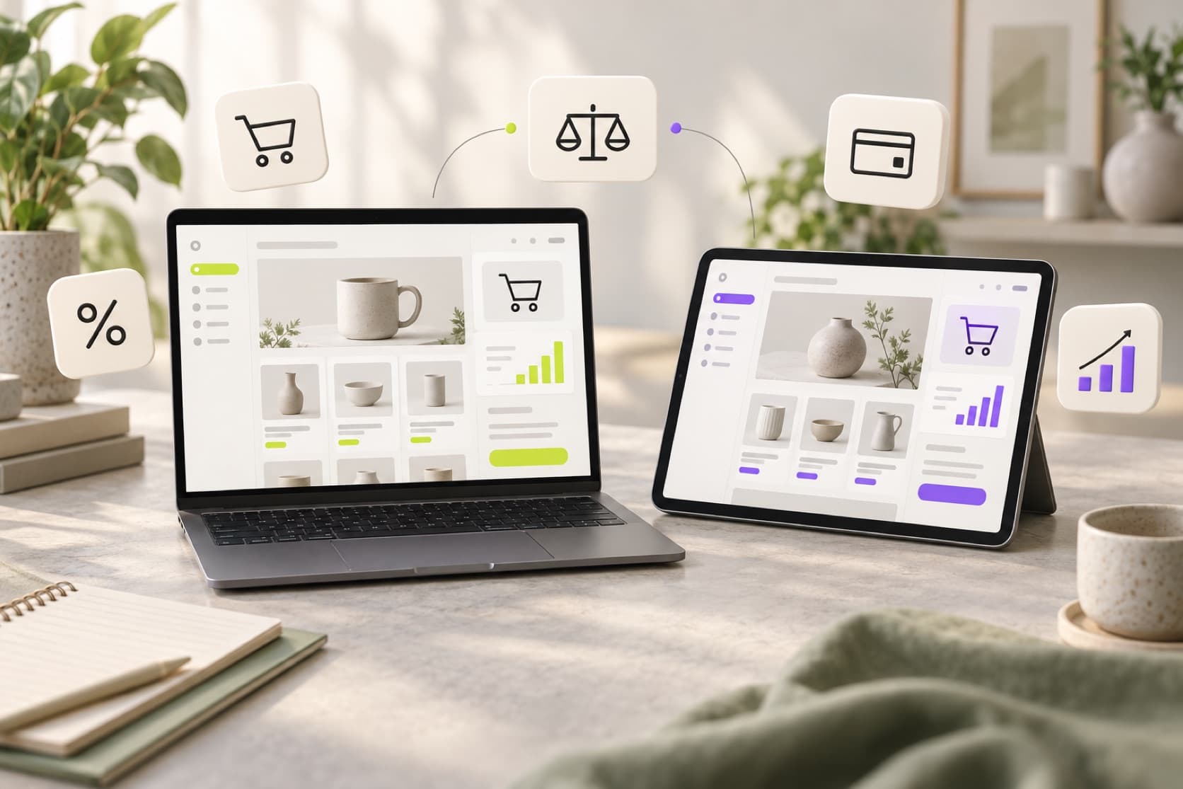 Dos tiendas online comparadas lado a lado en una notebook y una tablet, con íconos de balanza, carrito, comisión, pago y ventas