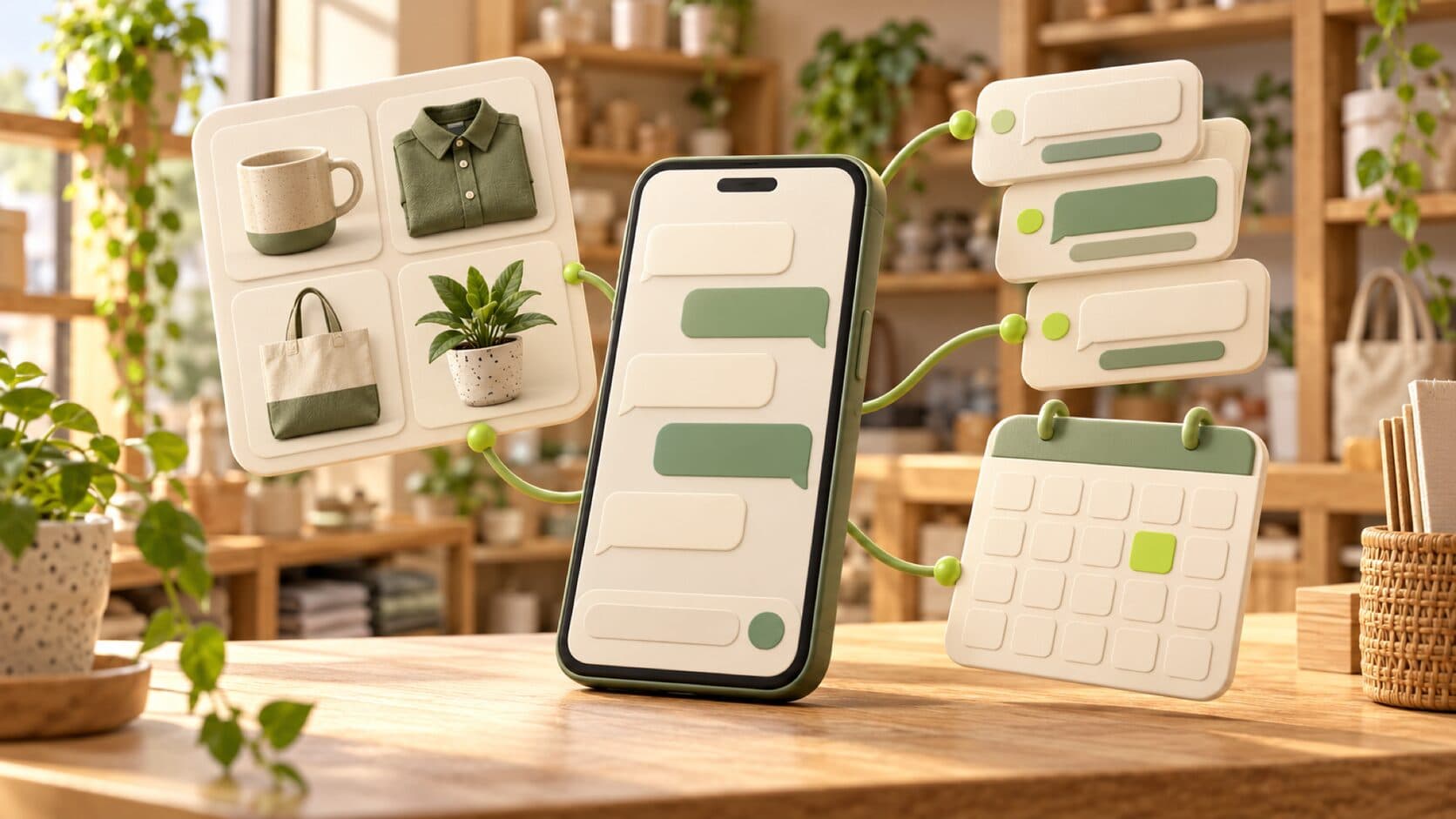 Un teléfono con una conversación abierta del que salen tres capas flotantes: una grilla de productos, tarjetas de mensajes prearmados y un pequeño calendario con un horario marcado, sobre un comercio desenfocado
